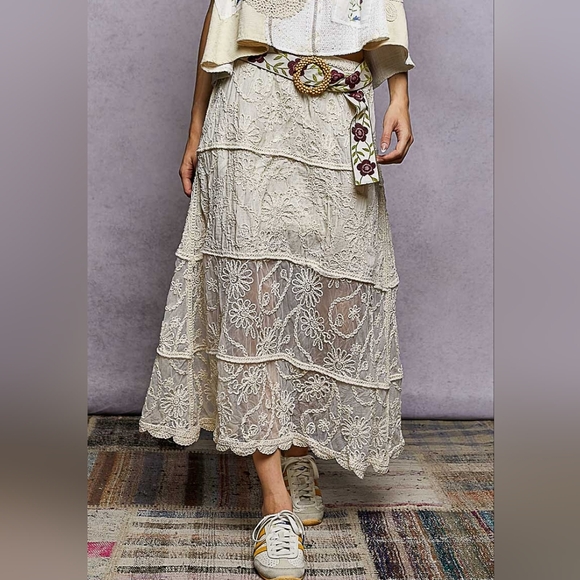 POL Dresses & Skirts - POL Floral Embroidered Tiered Crochet Skirt Cream Lace Midi Skirt S M L